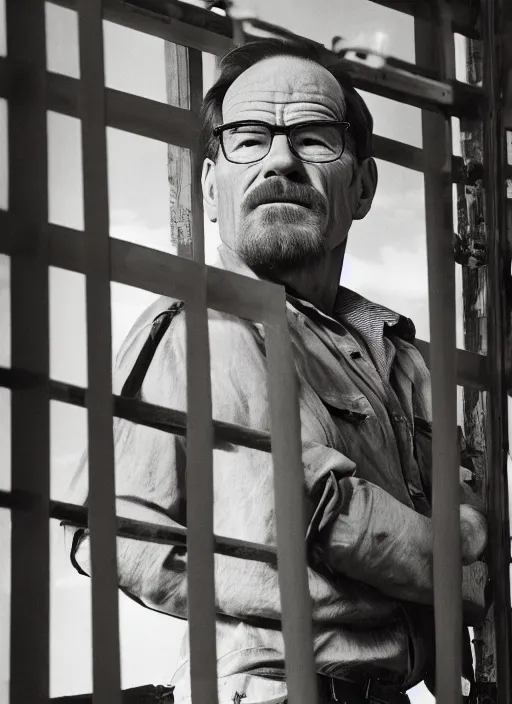 Prompt: cbrian cranston with a long construction crane neck, metal bars, natural light, bloom, detailed face, magazine, press, photo, steve mccurry, david lazar, canon, nikon, focus