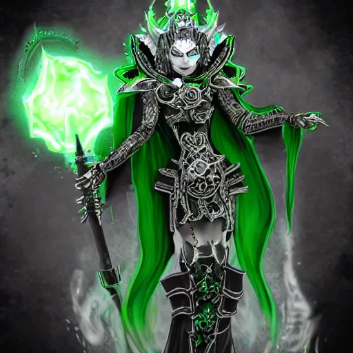 Image similar to a high priestess necromancer in the style of chaos in warhammer 4 0 k, flowing robe, jewel encrusted chestplate, green black grey and white palette, lolth, dnd, character art