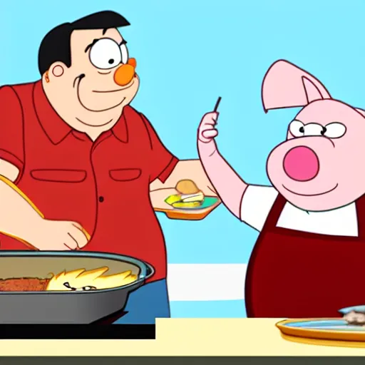 Prompt: cartoon characters, rick and porky cooking a brisket, cell animation