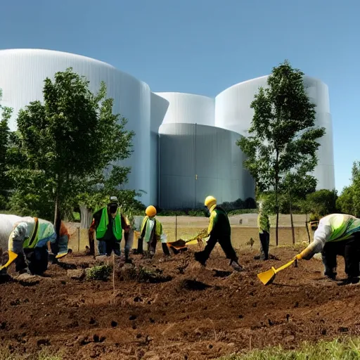 Prompt: a group of workers planting trees in a rural landscape with glowing clean white sci fi containment building in the distance