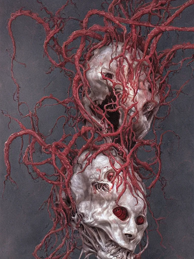 Image similar to painting by wayne barlowe of a flying sorrowful looking severed human head with tears running down it's eyes, face that is chalk white in color, with long sprawling white tentacles stemming down it's neck, fiery scorching red eyes, flying in a terrying hellish dark cavernous place