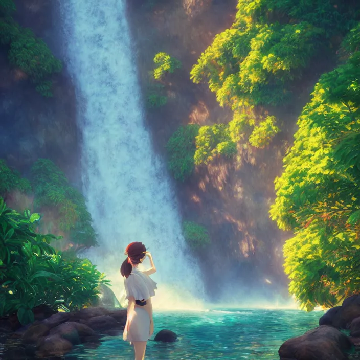 Prompt: an epic makoto shinkai and renoir landscape with a hawaiian waterfall, golden hour, 🌺, ultra smooth, octane render, lois van baarle, ilya kuvshinov, unreal engine, blender, trending on artstation, suntur, caleb worcester, highly detailed, photorealism, bloom effect