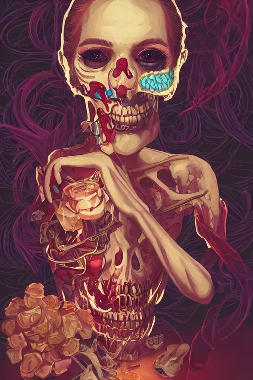 Image similar to a smiling cute zombie woman peeling skeleton skin and wavy hair, tristan eaton, victo ngai, artgerm, rhads, ross draws