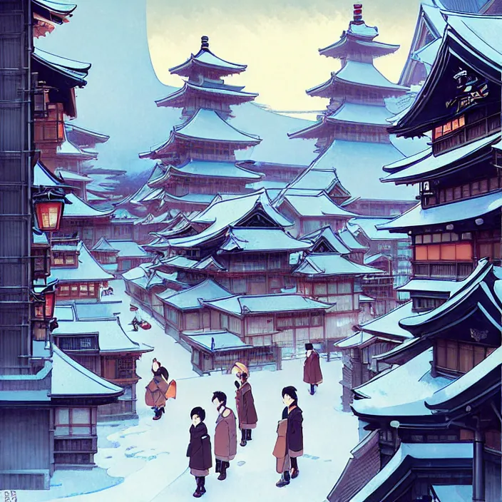 Image similar to japanese city, winter, in the style of studio ghibli, j. c. leyendecker, greg rutkowski, artem