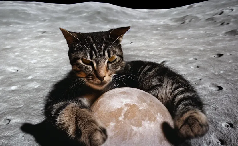 Image similar to a cat sitting on the surface of the moon, Photo, 4k, High definition