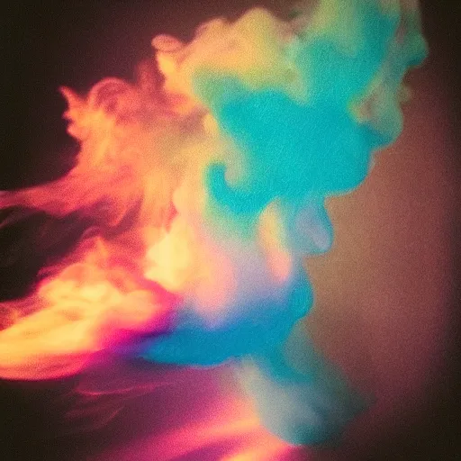 Prompt: polaroid of coloured smoke, gradient, texture, lomography, fluid dynamics, in darkness, dramatic lighting