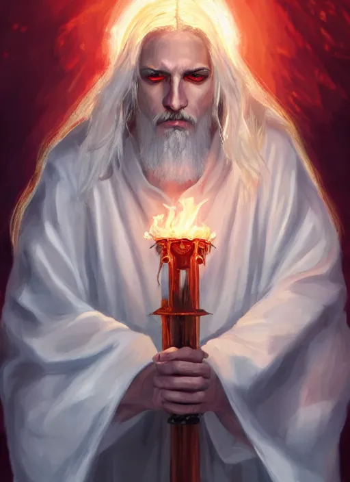 Image similar to « full length portrait of the white - haired jesus in a white robe and flaming yellow eyes, seven stars in right hand, grim - lighting, high - contrast, intricate, elegant, highly detailed, digital painting, artstation, concept art, smooth, sharp focus, illustration »