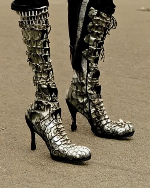 Prompt: stylish shoe design, killer boots, scorpions, spiders, high soles, battle shoes, metal, heavy metal rave shoes