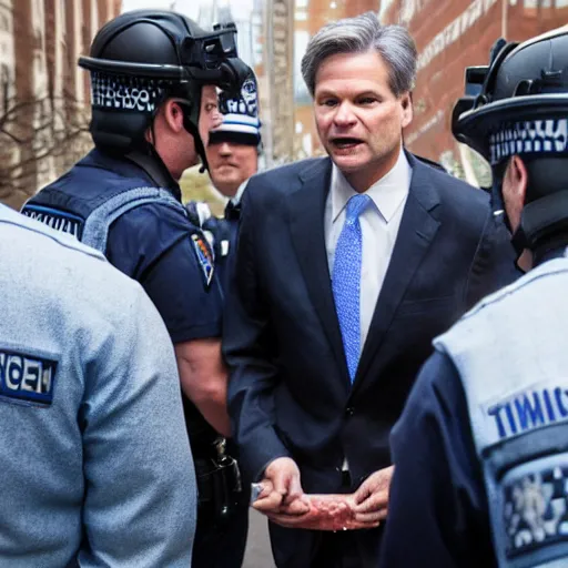 Image similar to fbi director Christopher wray getting arrested by police agents, photo 85mm, f/1.3