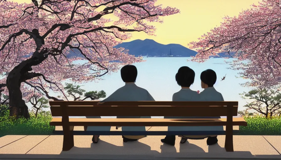 Image similar to back view of an old japanese couple watching sunset while sitting on the bench, cherry blossoms, village in the horizon, lake, paint by osamu tezuka, hyperdetailed, artstation, cgsociety, 8 k