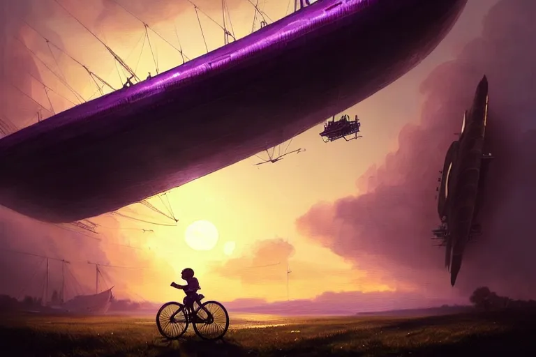 Image similar to kid rides a bicycle waving good bye to the airship at sunset, in the style of greg rutkowski, intricate and epic composition, purple by caravaggio, insanely quality, highly detailed, masterpiece, purple light, artstation, 4 k