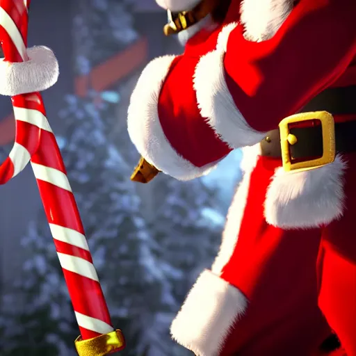 Prompt: high quality photo of santa claus with a candy cane sword, movie still, cinematic, 8 k, unreal engine, 3 d render