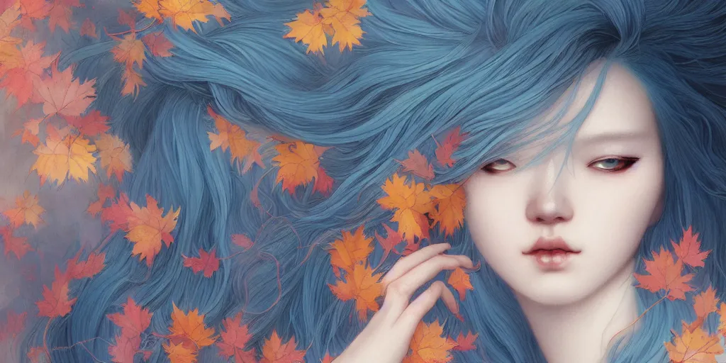 Image similar to breathtaking detailed concept art painting pattern with pastel colors of blue hair faces goddesses amalgamation autumn leaves with anxious piercing eyes, by hsiao - ron cheng and james jean, bizarre compositions, exquisite detail, 8 k