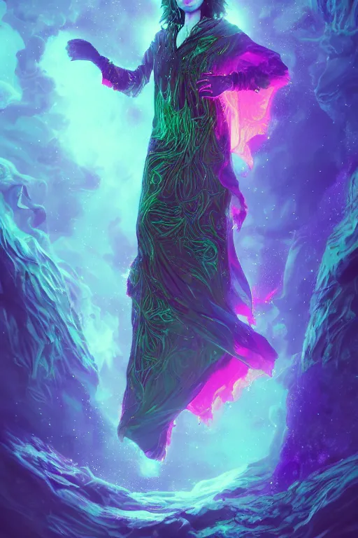 Image similar to a psychedelic full body portrait of a mysterious sorceress with a very long hooded cloak made of stars and clouds, by maciej kuciara and jason chan, ominous, cosmic horror, trending on artstation, ultra detailed, hyper realistic 4 k, volumetric light, iridescent, rainbow colors