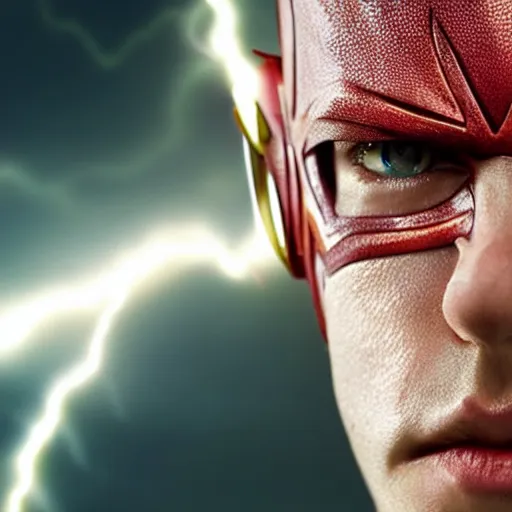 Image similar to close up of The Flash\'s face with lightning, realistic, detailed, 8k