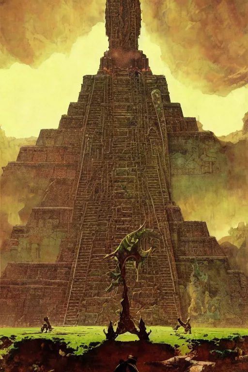 Image similar to a kaiju towers over a mayan temple, by norman rockwell, jack kirby, jon berkey, earle bergey, craig mullins, ruan jia, jeremy mann, tom lovell, marvel, astounding stories, 5 0 s pulp illustration, scifi, fantasy, artstation creature concept