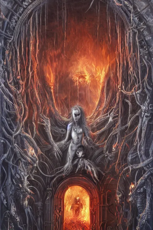 Image similar to Lost souls entering the gates of hell, fire, cheeky devil, eerie, sinister, horror, illustrated byAdrien Borda and H R Giger and Anne Stokes, 4k, 8k