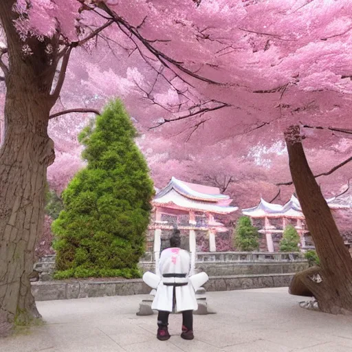 Prompt: massive epic ninja temple hidden in japanese pink trees with white ninjas in it, super highly detailed