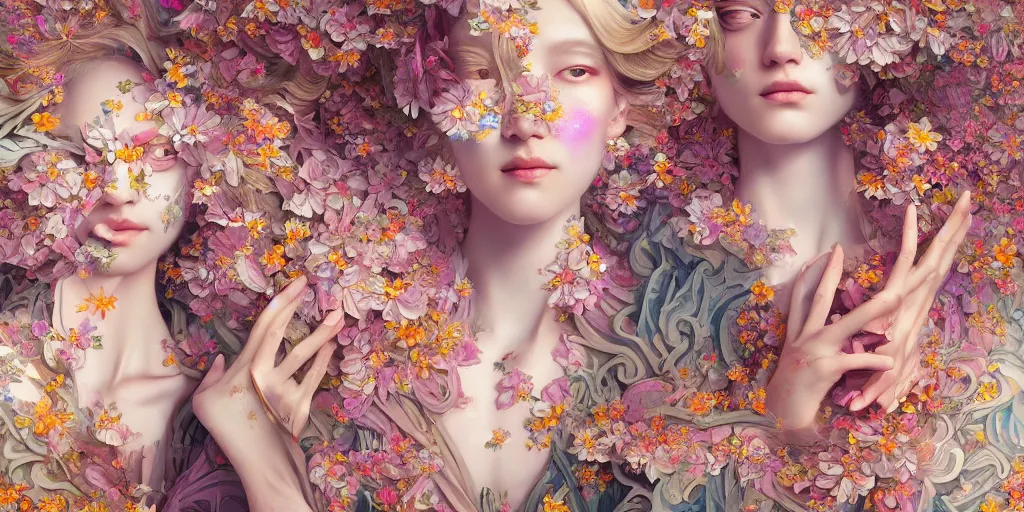 Image similar to breathtaking detailed concept art painting kaleidoscope art deco pattern of blonde faces goddesses amalmation flowers, by hsiao - ron cheng, bizarre compositions, exquisite detail, extremely moody lighting, 8 k