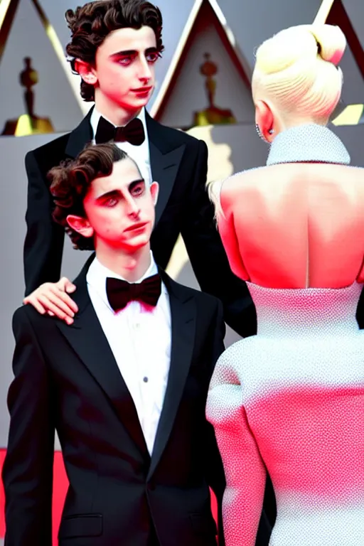 Image similar to timothee chalamet and lady gaga holding hands on the red carpet, beautiful detailed faces, canon eos