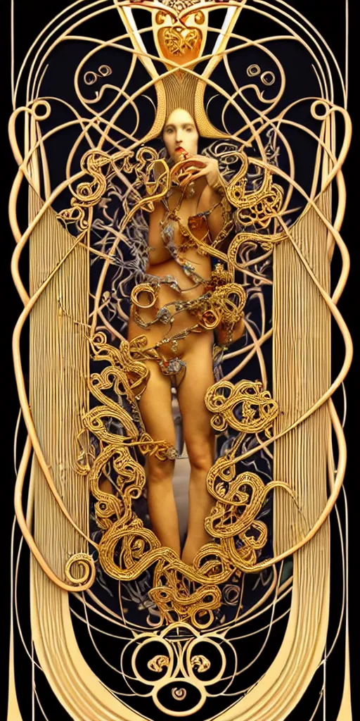 Image similar to the source of future growth dramatic, elaborate emotive Art Nouveau styles to emphasise beauty as a transcendental, seamless pattern, symmetrical, large motifs, hyper realistic, 8k image, 3D, supersharp, Art nouveau 3D curves and swirls, copper and Gold pipes, silk ribbons and golden chains, swarovski crystals, iridescent and black and shiny gold colors , perfect symmetry, iridescent, High Definition, sci-fi, Octane render in Maya and Houdini, light, shadows, reflections, photorealistic, masterpiece, smooth gradients, no blur, sharp focus, photorealistic, insanely detailed and intricate, cinematic lighting, Octane render, epic scene, 8K