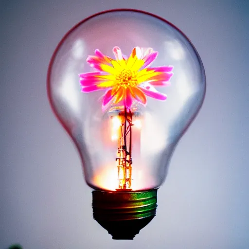 Prompt: a photograph of a flower inside a light bulb