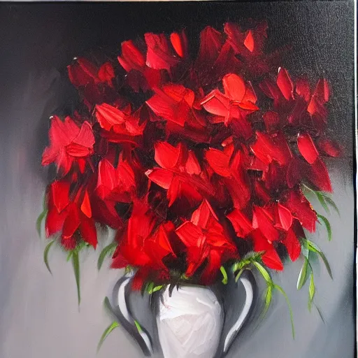 Prompt: oil painting of many various red flowers painted on a black background, dark atmosphere, realistic flowers oil painting