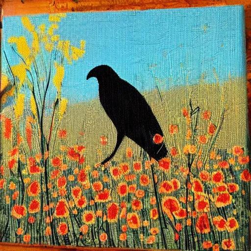Prompt: weaved wildflowers seem to cover nearly every inch of the canvas. they look golden in the sunshine and seem to stretch down towards a slumbering cat. a large black crow is perched upon the cats back