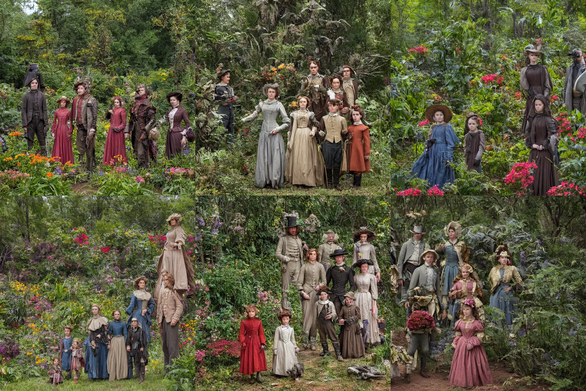 Prompt: sharp, highly detailed, 43456k film, 173800mm film still from a sci fi blockbuster color movie made in 2019, set in 1860, of a family standing in a park, next to some strange alien plants and flowers, on an alien planet, the family are all wearing 1860s era clothes, good lighting, ultra high definition, ultra enhanced faces, in focus, 35mm macro lens