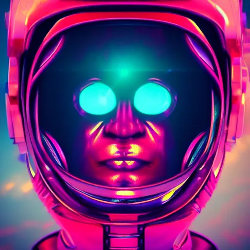 Prompt: synthwave astronaut face with neon eyes detailed face, sharp focus, synthwave art, aesthetic, octane render, raw, cinematic