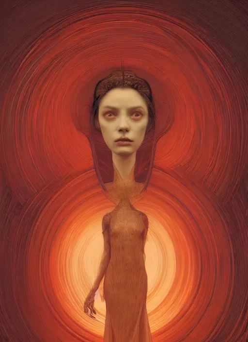 Image similar to Woman masterpiece, red, golden halo behind her head, red wires wrap around, by Edgar Maxence and Ross Tran, Zdzisław Beksiński, and Michael Whelan, distant, gustav dore, H.R. Giger, 8k, octane render