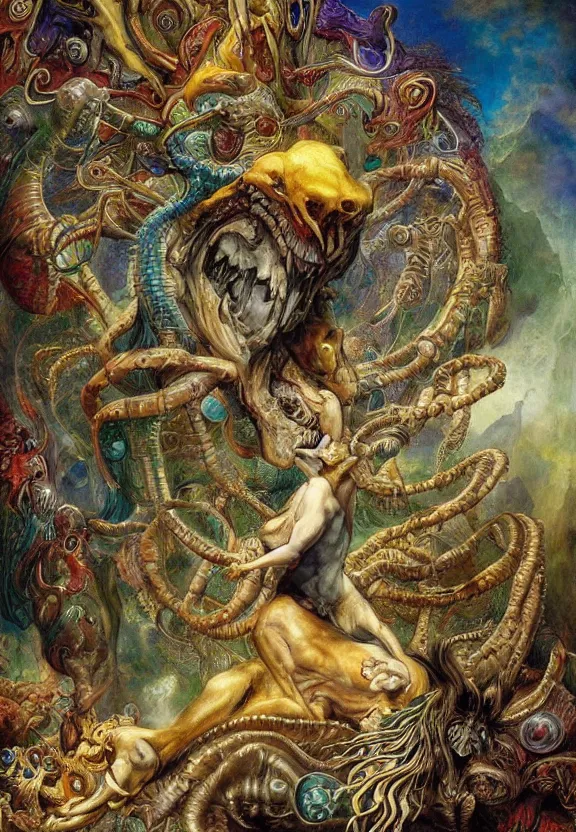 Image similar to simplicity, colorful muscular eldritch animals radiating town fractal, white bones, colorful gems, by h. r. giger and esao andrews and maria sibylla merian eugene delacroix, gustave dore, thomas moran, pop art, chiaroscuro, biopunk, art nouveau