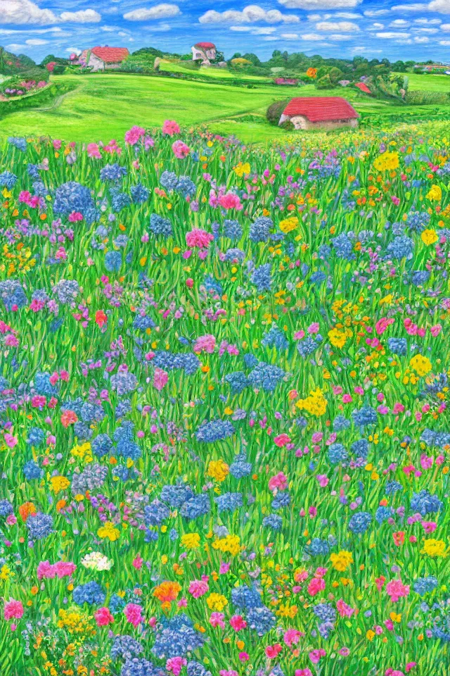 Image similar to a countryside in spring, green hills and blue sky with patches of clouds, nature in all its beauty, some houses in the background, star - shaped flowers in the foreground, we can see the sea, digital painting, colored pencil, detailed,