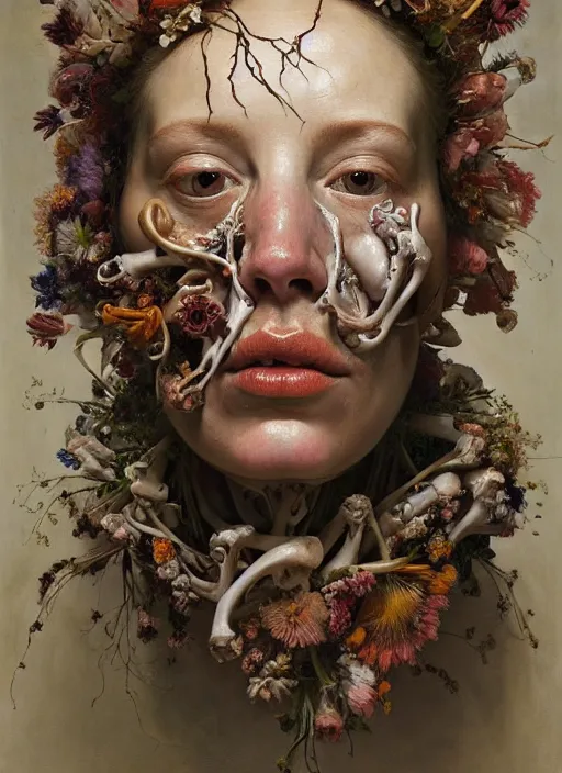 Prompt: strange, looming head, biomorphic painting of a woman expressive face by jenny saville and charlie immer, wearing a small, ornate crown made of flowers and bones by rachel ruysch, highly detailed, emotionally evoking, head in focus, volumetric lighting, melting, drippy oil painting,