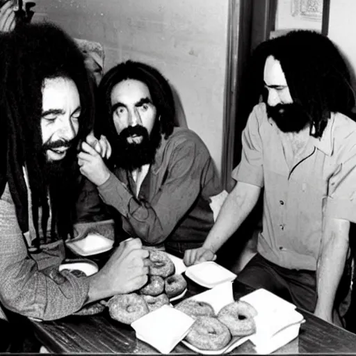 Prompt: Marilyn Monroe, Bob Marley and Charles Manson eating donuts in a cafe.