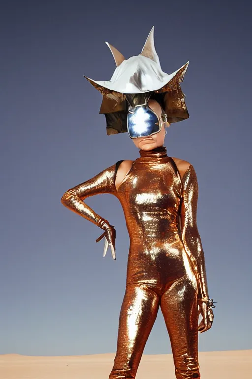 Image similar to portrait davis taylor brown dressed in 1 9 8 1 space fantasy fashion, avante garde, shiny metal, standing in a desert