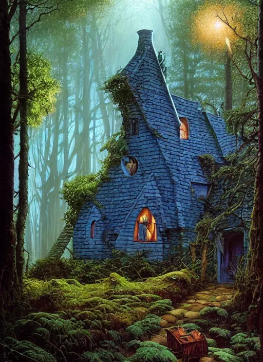 Image similar to hyper realistic witch cottage with mood lighting and technology in the woods gorgeous lighting, sunbeams blue sky, highly detailed, lush forest foliage painting by zdzisław beksinski and norman rockwell and greg rutkowski weta studio, and lucasfilm