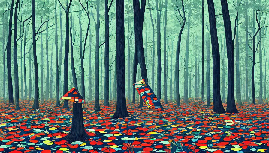 Image similar to safety cones scattered around an oak tree forest checker board forest floor, by james jean by ilya kuvshinov kintsugi, hyper detailed surrealist painting