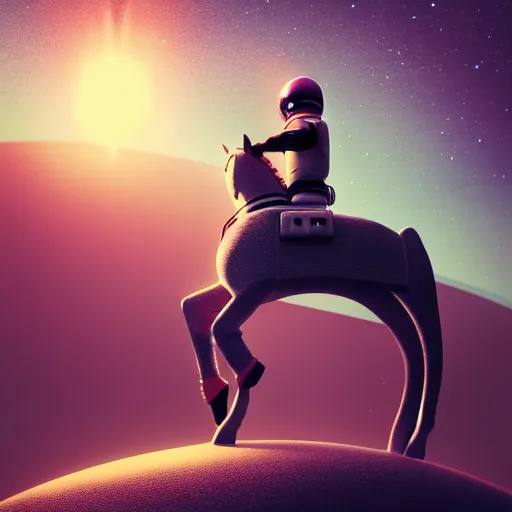 Prompt: photography of anthropomorphic horse riding on top of an astronaut horse back. from western by hiroyuki okiura and katsuhiro otomo and alejandro hodorovski style with many details by mike winkelmann and vincent di fate in sci - fi style. volumetric natural light photo on dsmc 3 system,