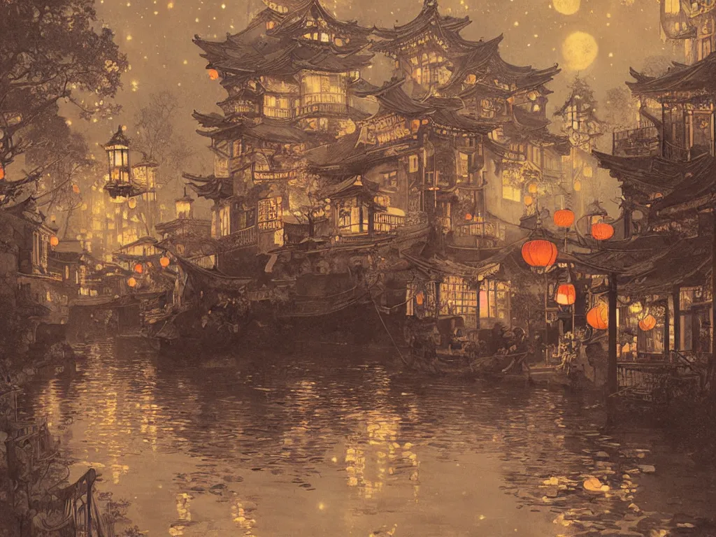 Image similar to antique photo view from the river of a beautiful painting of the lantern festival in a an ancient japanese town, at night with a sky full of stars, intricate, elegant, highly detailed, digital painting, artstation, concept art, by krenz cushart and artem demura and alphonse mucha