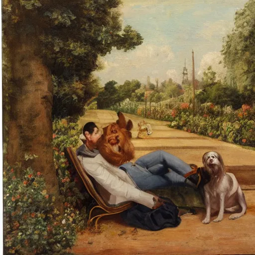 Image similar to a man and a woman sitting on a bench surrounded by plants, a dog sleeping by their feet, french painting style ,