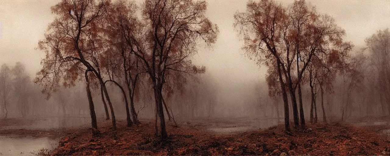 Prompt: fall dead trees pumpkin patch spooky fog shrouded landscape, forest, river, matte painting, by Isaac Levitan and Vasily Perov