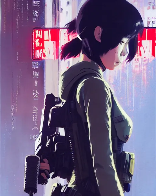 Image similar to girl wearing in tactical gear | | audrey plaza, fine detail!! anime!! realistic shaded lighting!! dramatic!! poster by ilya kuvshinov katsuhiro otomo ghost - in - the - shell, magali villeneuve, artgerm, jeremy lipkin and michael garmash and rob rey