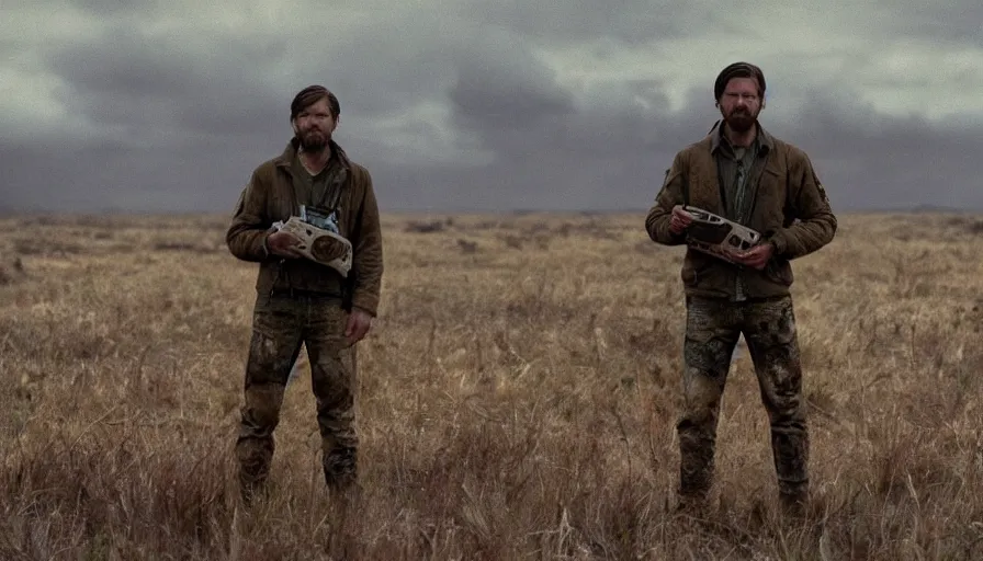 Prompt: lone survivor man holding a radio!! in post - apocalyptic nature landscape. movie screenshot. lush composition by wes anderson, shallow depth of field, cinematic. cinematic composition