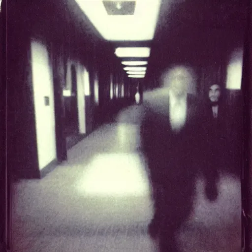 Prompt: A creepy polaroid photo of Obama chasing you down an empty hallway