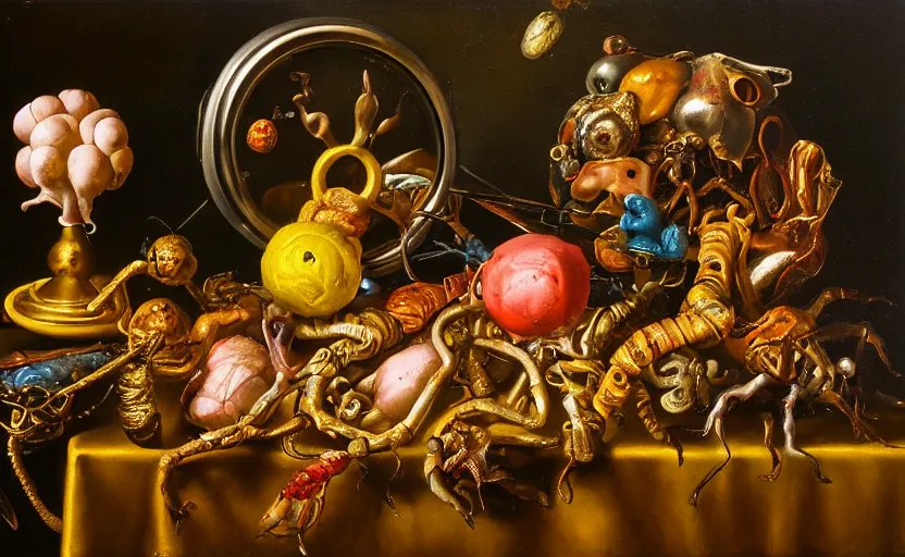 Image similar to disturbing colorful oil painting dutch golden age vanitas still life with bizarre objects strange gooey surfaces shiny metal bizarre insects rachel ruysch dali todd schorr very detailed perfect composition rule of thirds masterpiece canon 5 0 mm, cinematic lighting, photography, retro, film, kodachrome