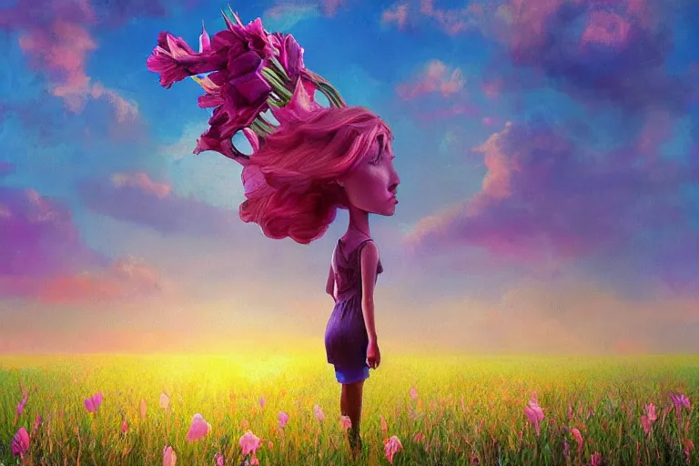 Image similar to giant gladiola head, girl walking in field of flowers, surreal photography, sunrise, blue sky, dramatic light, impressionist painting, digital painting, artstation, simon stalenhag