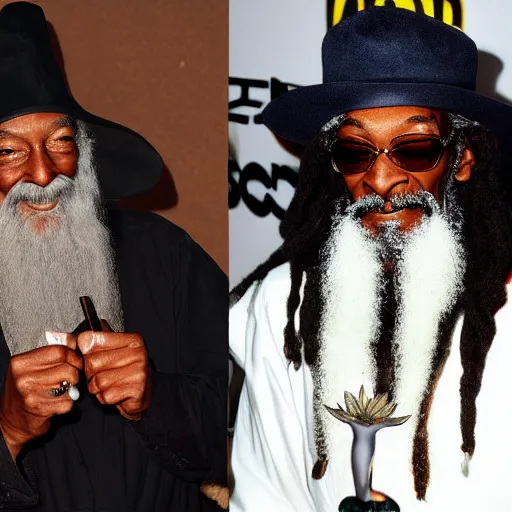 Image similar to gandalf and snoop dogg smoking weed smiling