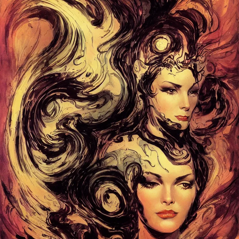 Image similar to portrait of a woman with swirling hair and fractal skin by frank frazetta, retrofuturism, psychedelic art reimagined by industrial light and magic