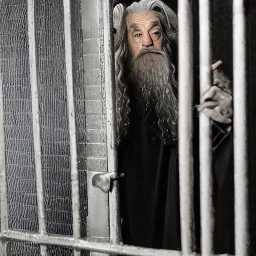 Prompt: photo of gandalf in jail